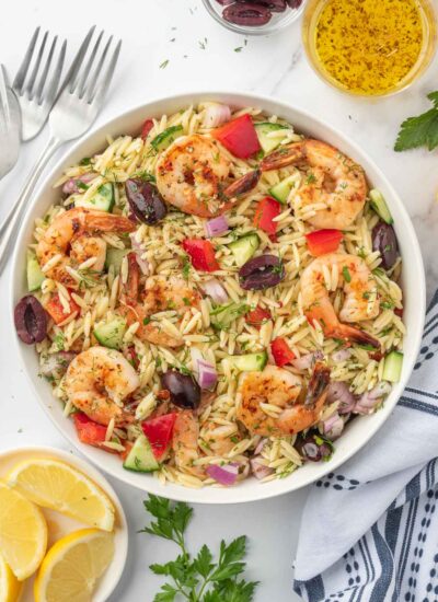 Mediterranean shrimp salad in a bowl.