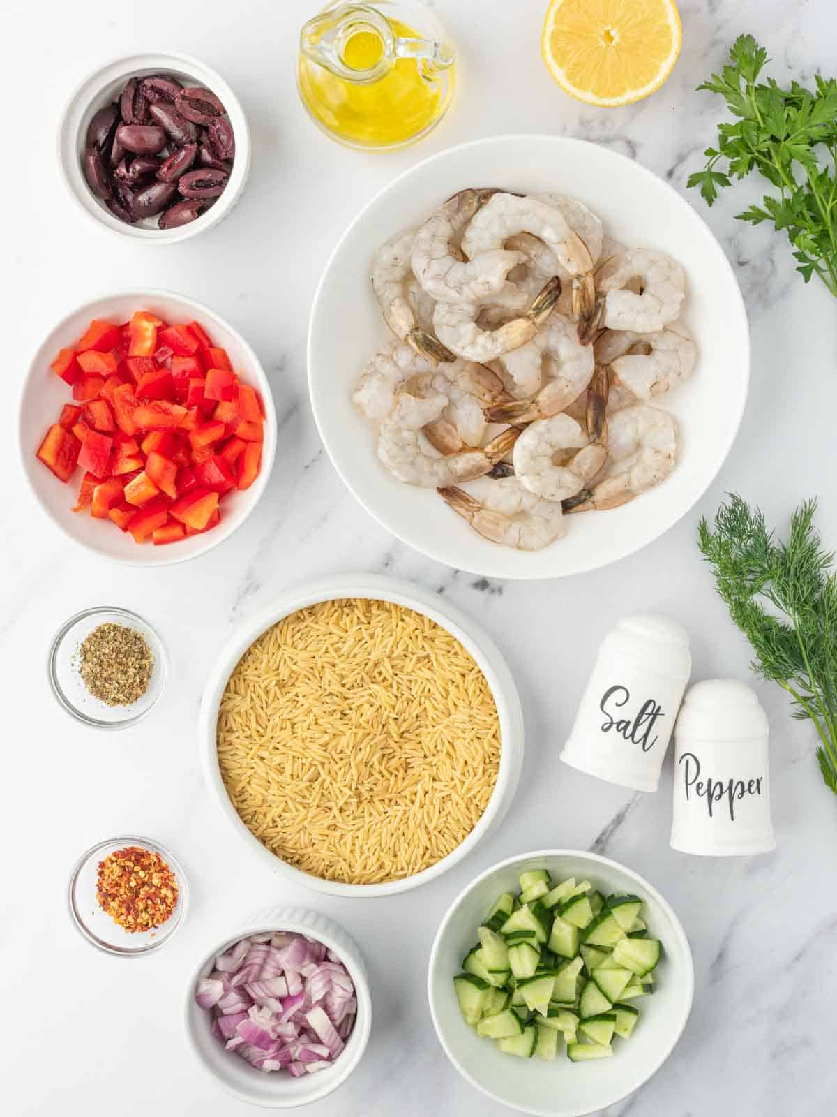 Ingredients needed for shrimp orzo salad.