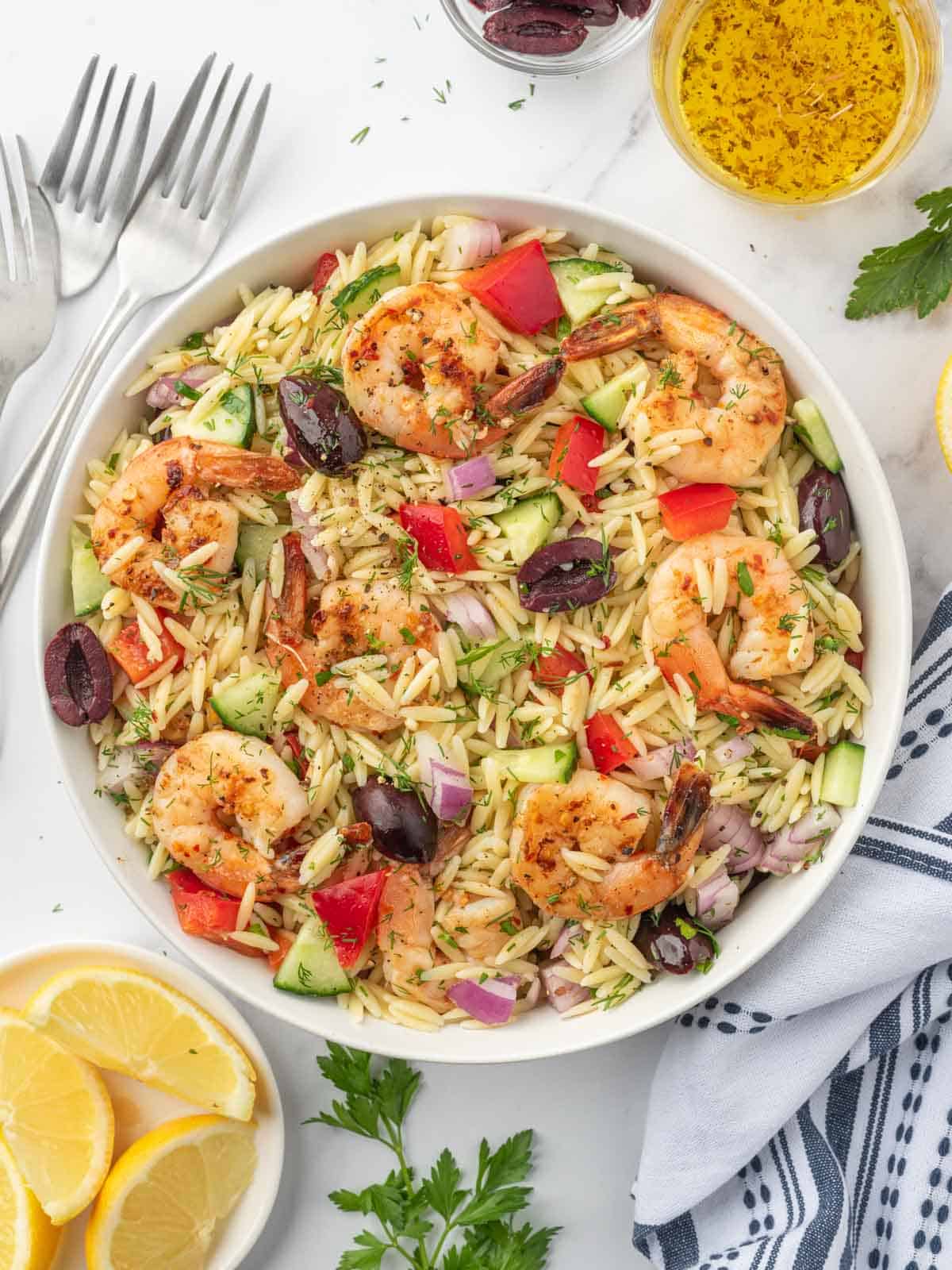 Mediterranean shrimp salad in a bowl.