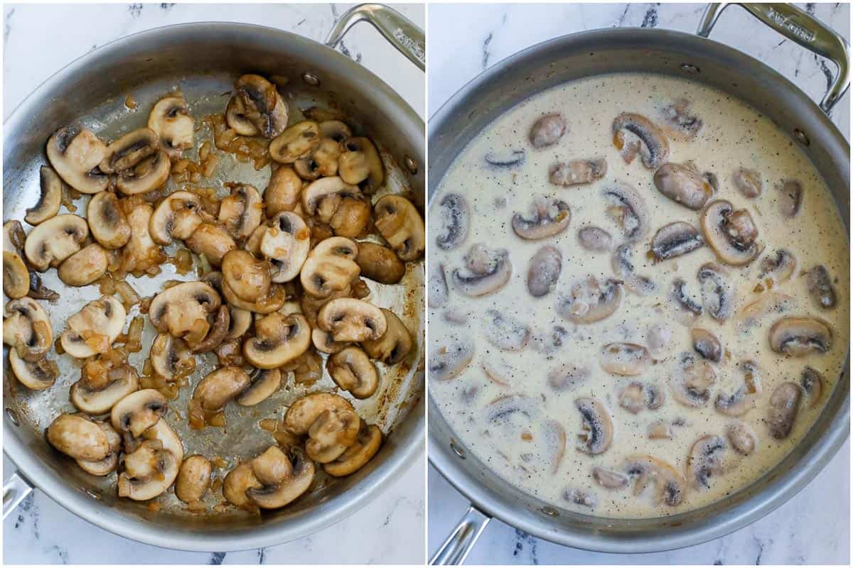 process of making the creamy mushroom sauce.