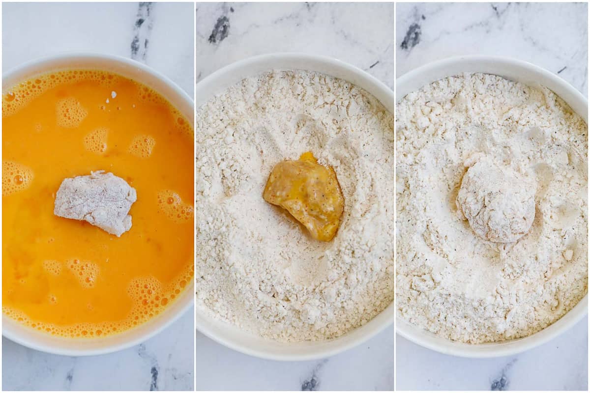 process of breading the chicken nuggets