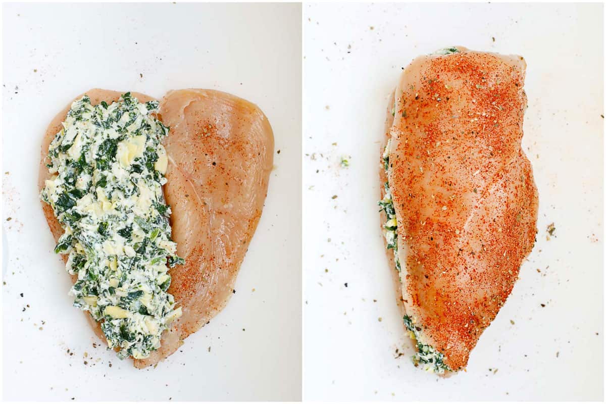 stuffing the spinach chicken breast with filling.