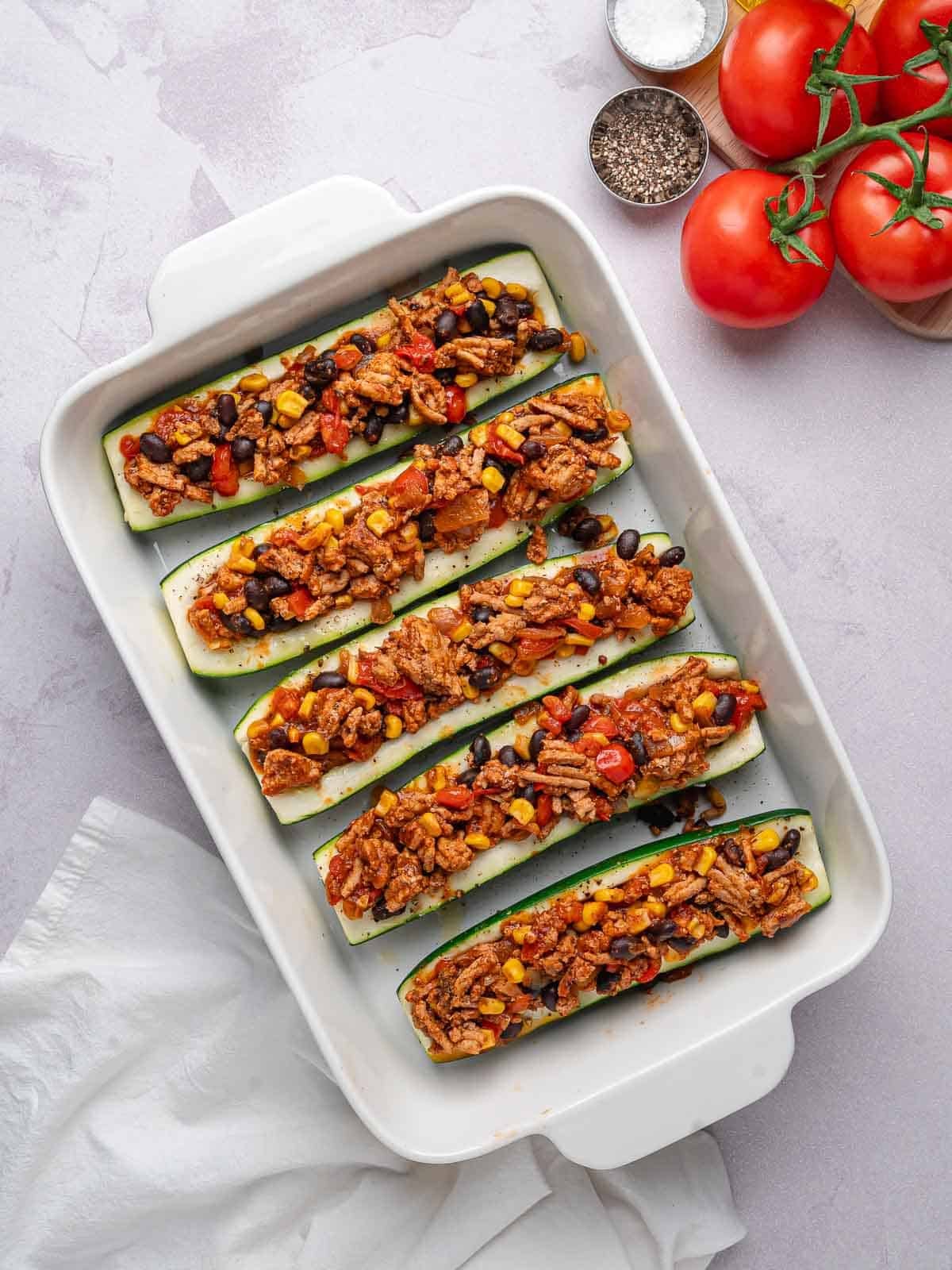 Baked zucchini boats filled with the ground turkey and vegetable mixture.