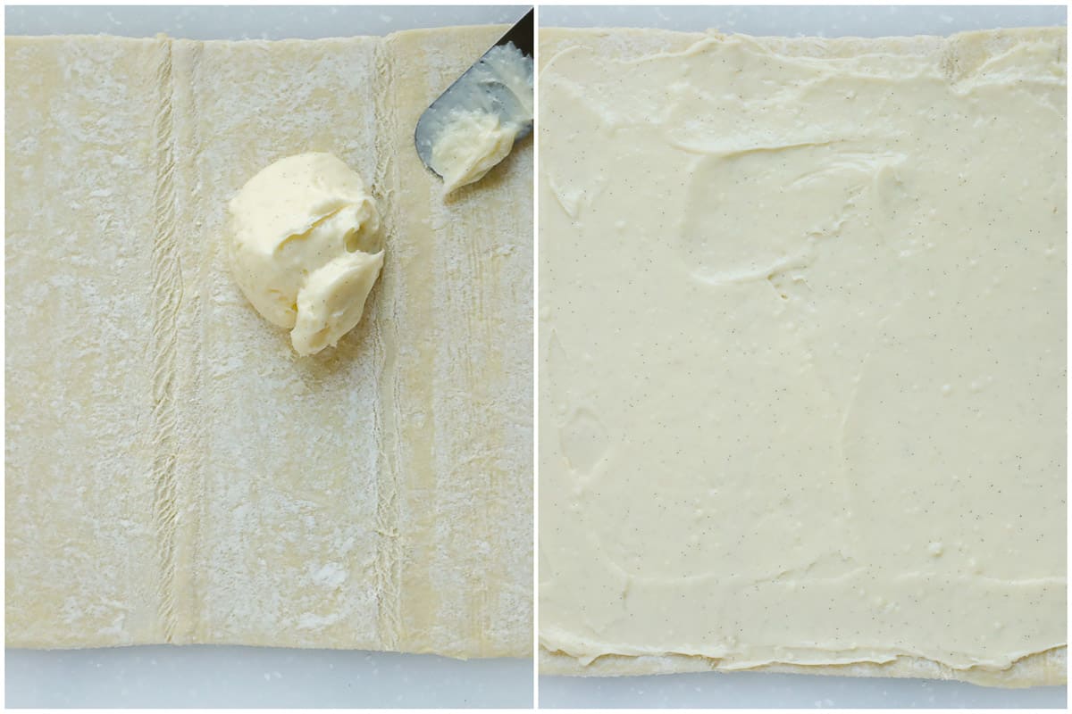 before and after spreading the creme patissiere on the pastry sheet.