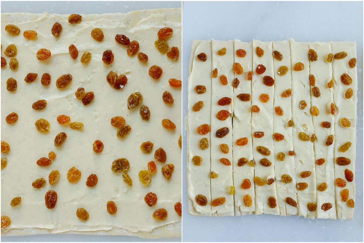 process showing how to cut the pastry sheets into 1 inch thickness.