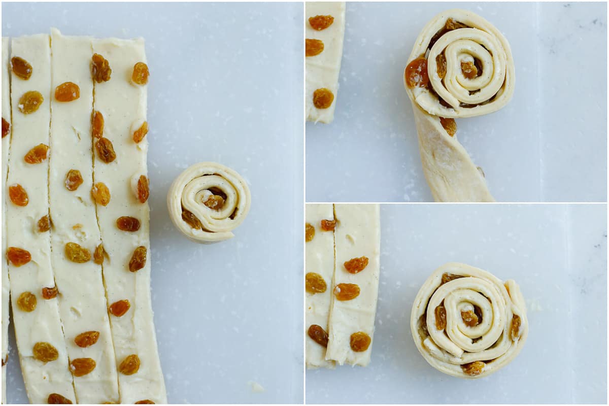 process shot showing how to wrap the pain aux raisins