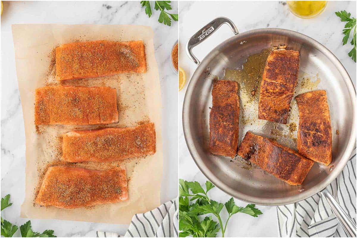 How to blacken salmon in a skillet.