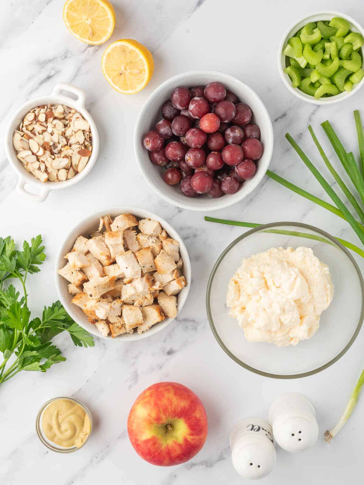 Ingredients needed for healthy chicken salad.