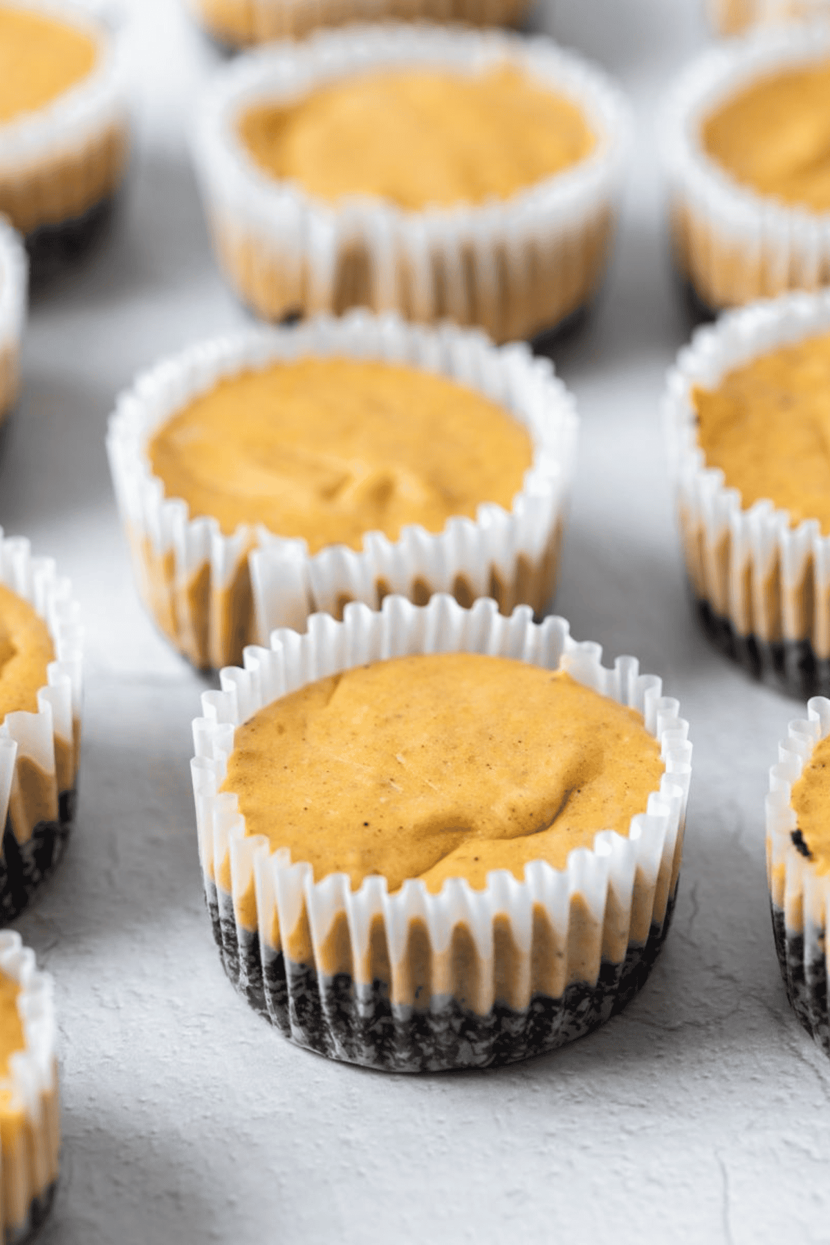 Baked mini pumpkin cheesecakes with set filling over chocolate Oreo crusts.