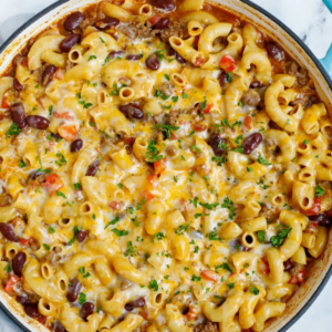 Elbow pasta with melted cheese, seasoned beef, kidney beans, red peppers and fresh cilantro.
