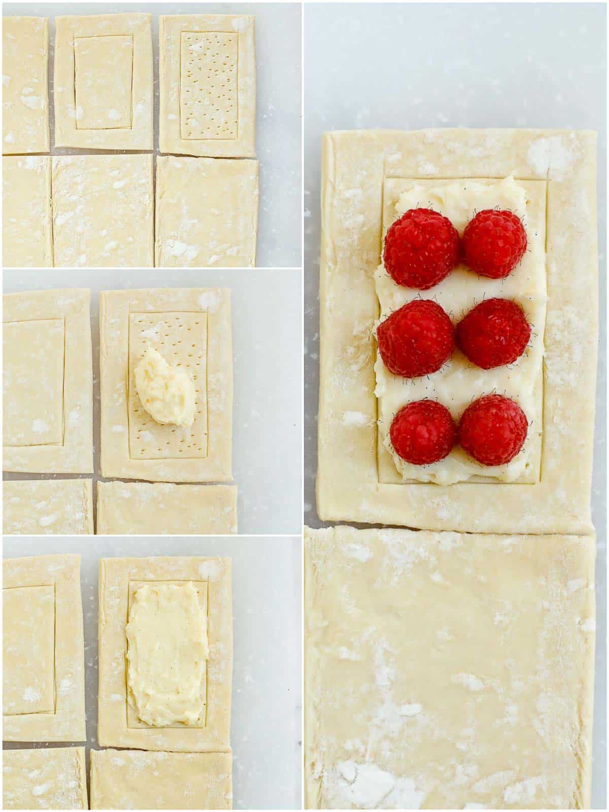 puff pastry sheet with pastry cream and raspberry before baking.