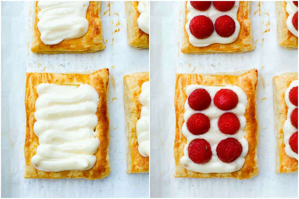 puff pastry filled with pastry cream and topped with fresh raspberries
