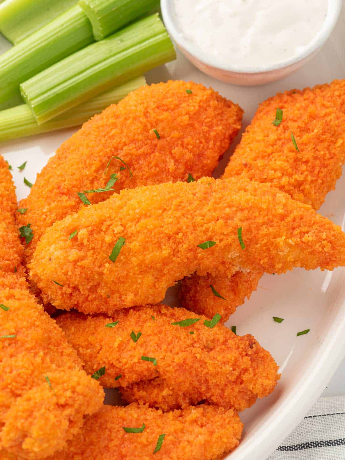 Buffalo chicken tender recipe with dip.