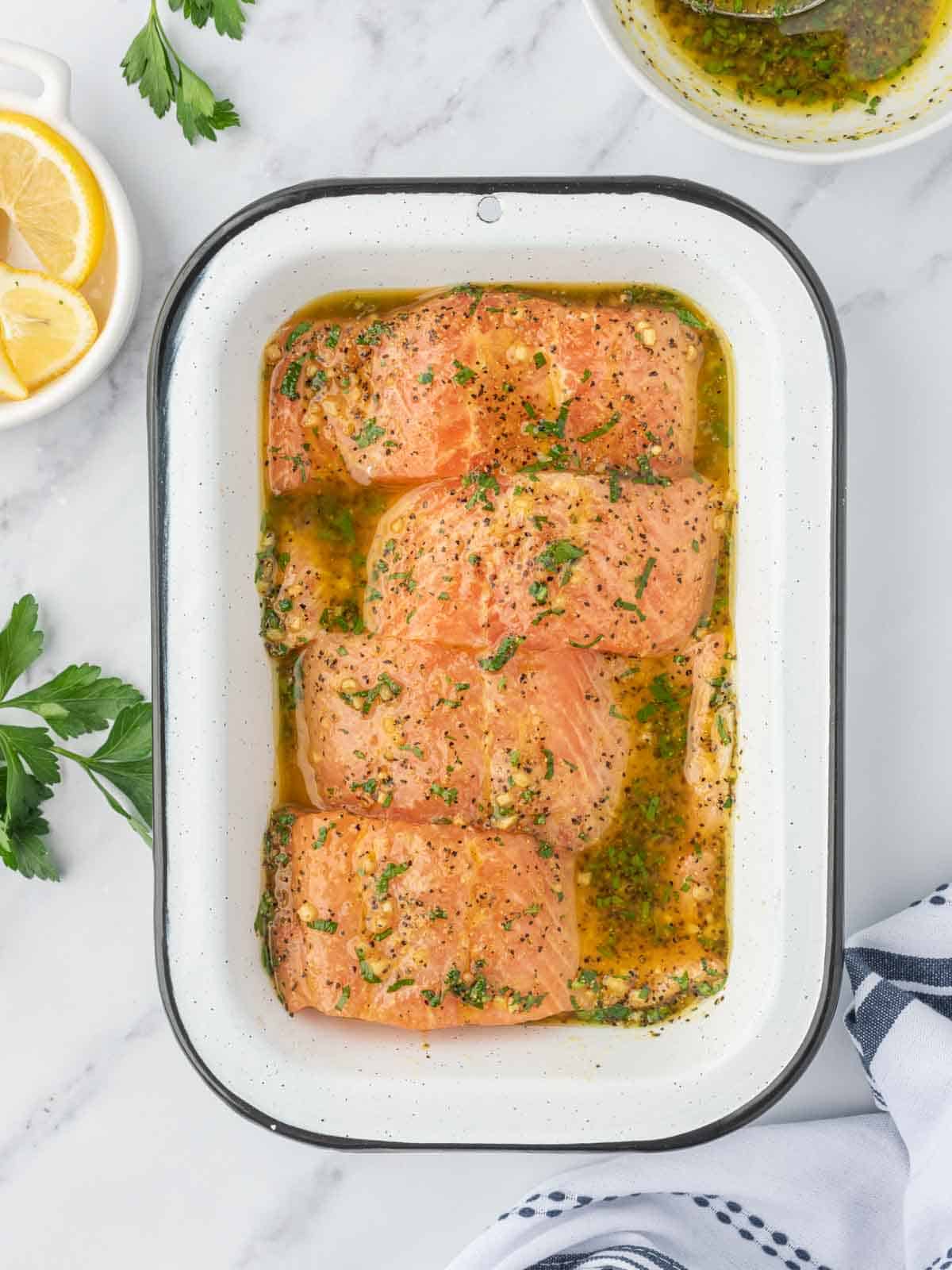 How to marinate baked lemon pepper salmon.