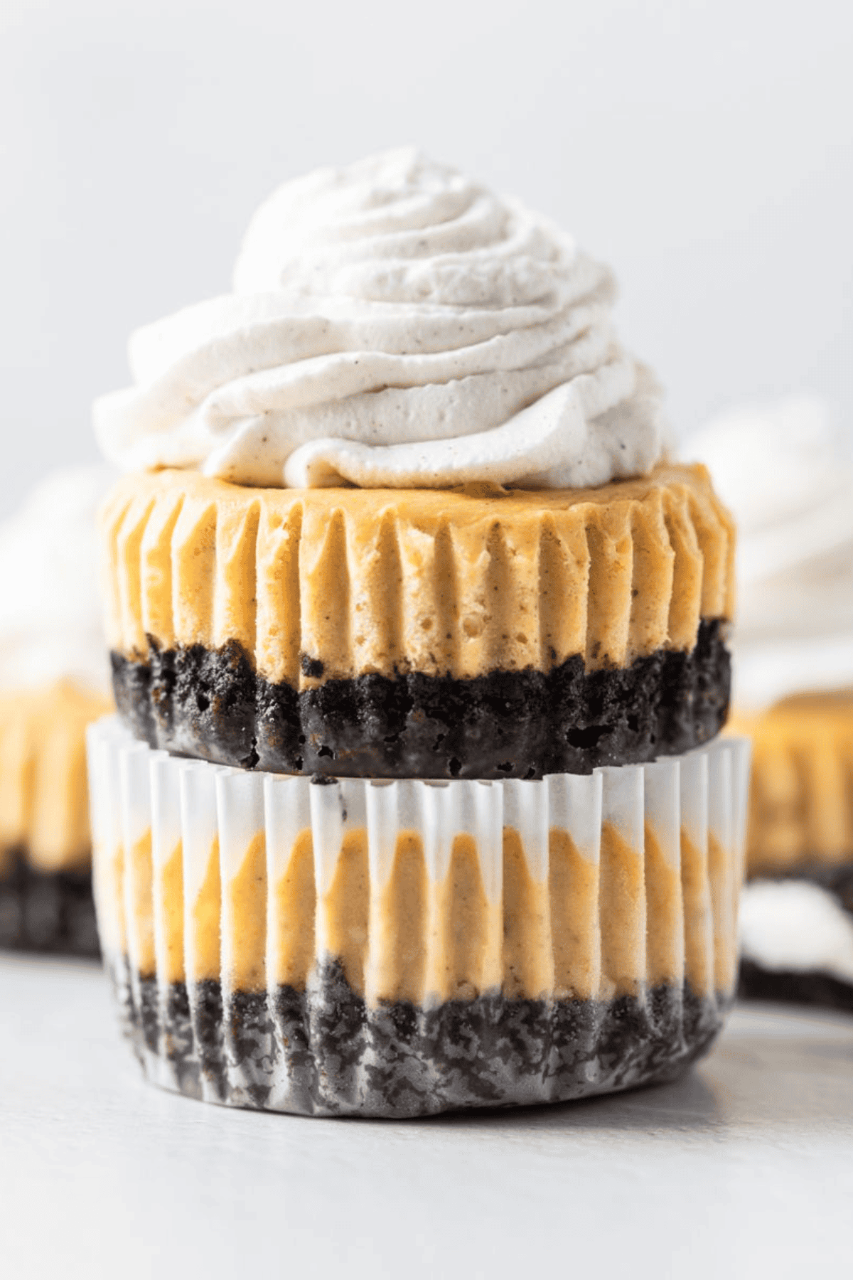 Mini Pumpkin Cheesecake topped with pumpkin spice whipped cream over an Oreo crust.