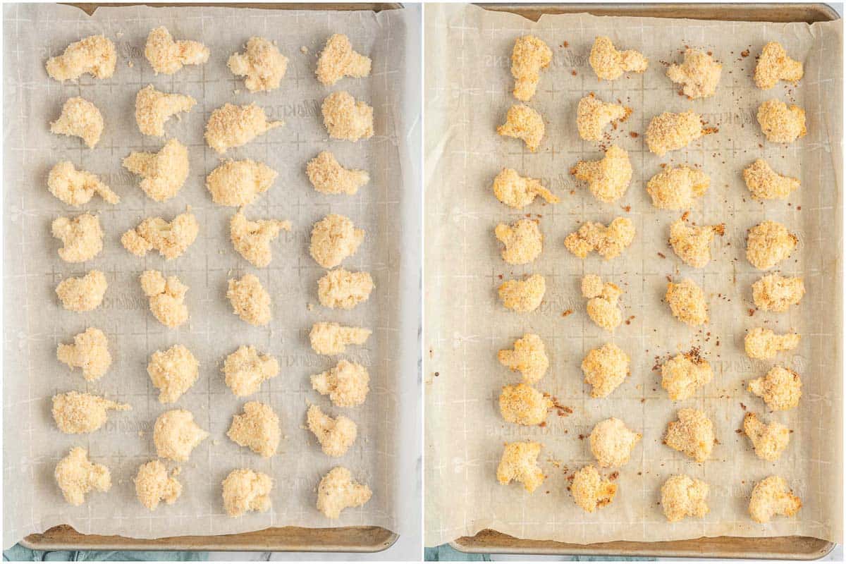 Baked cauliflower bites on a baking sheet before and after.