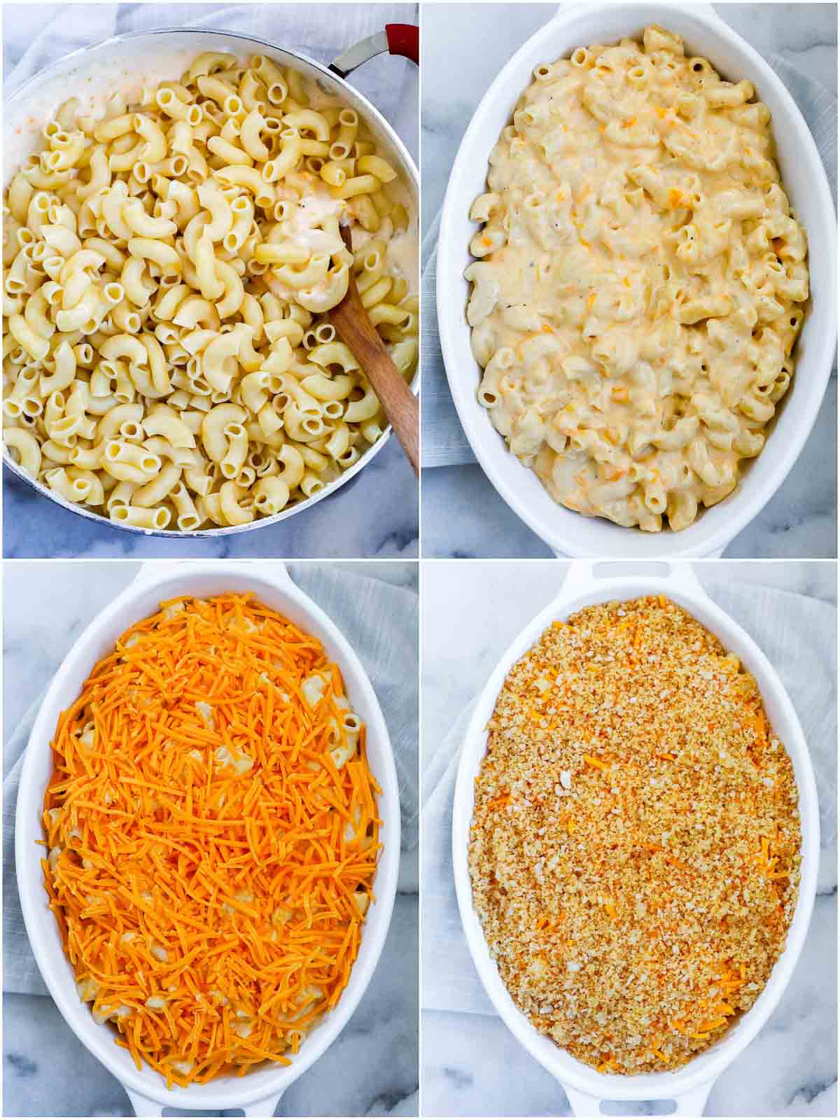 prepping the baked mac and cheese in a dish