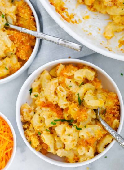 baked mac and cheese served in a white bowl