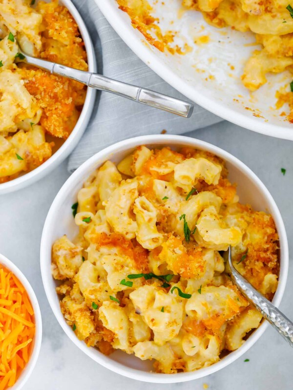 baked mac and cheese served in a white bowl