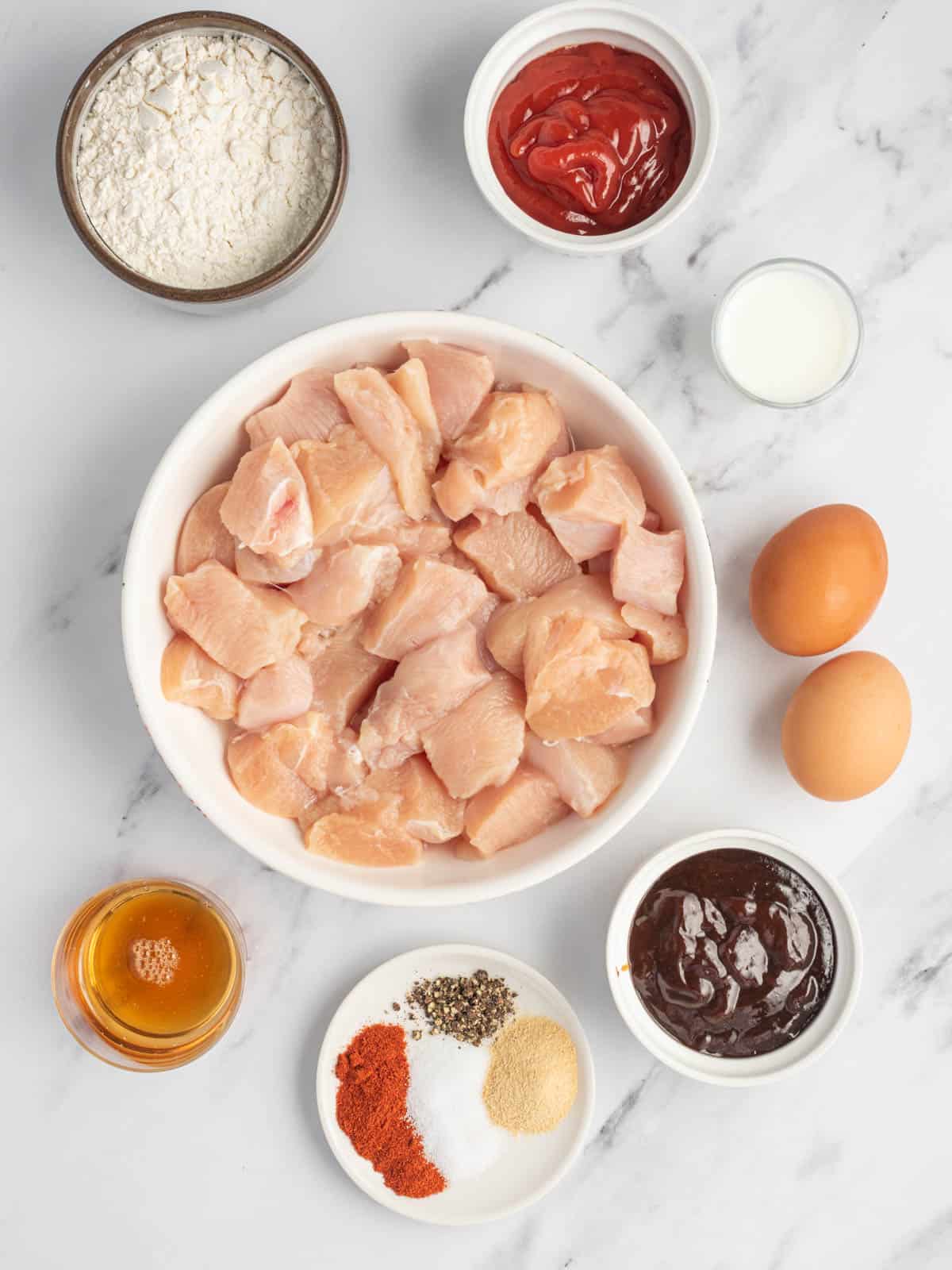 Ingredients needed for baked BBQ chicken bites.