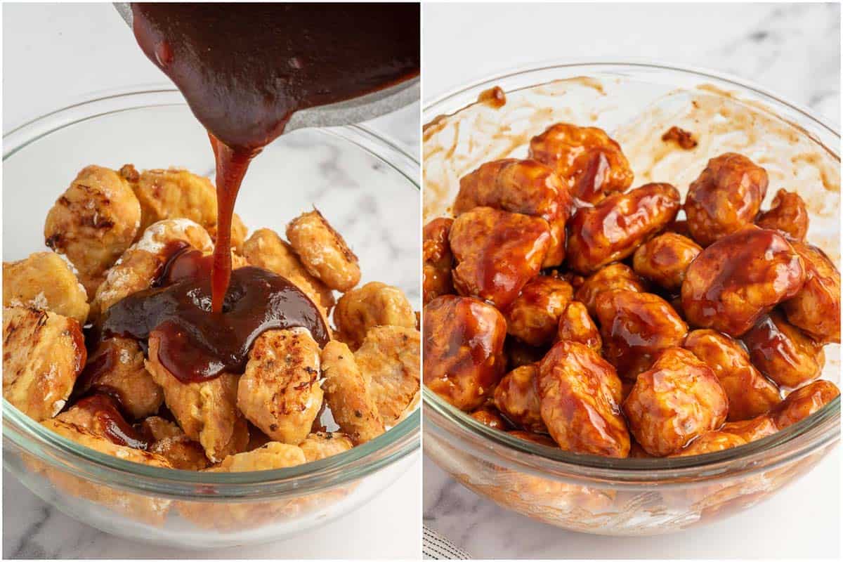 Pouring BBQ sauce over baked chicken.