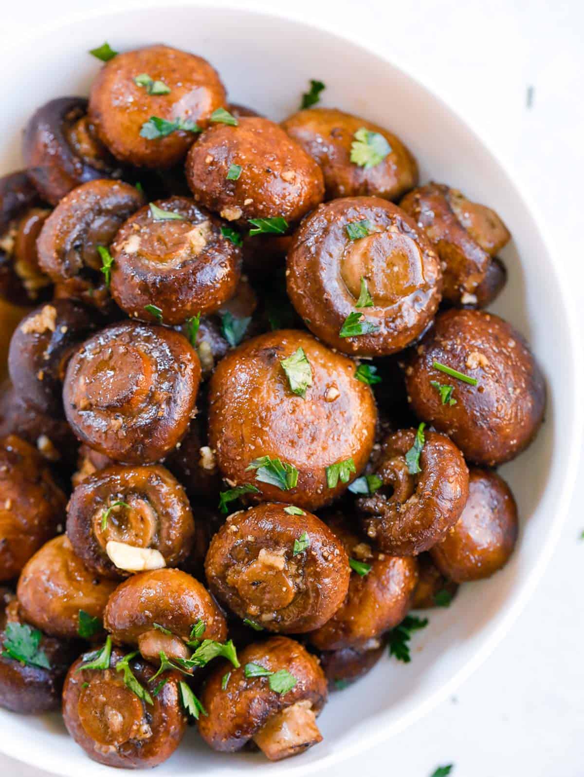 roasted garlic mushroom in a white bowl