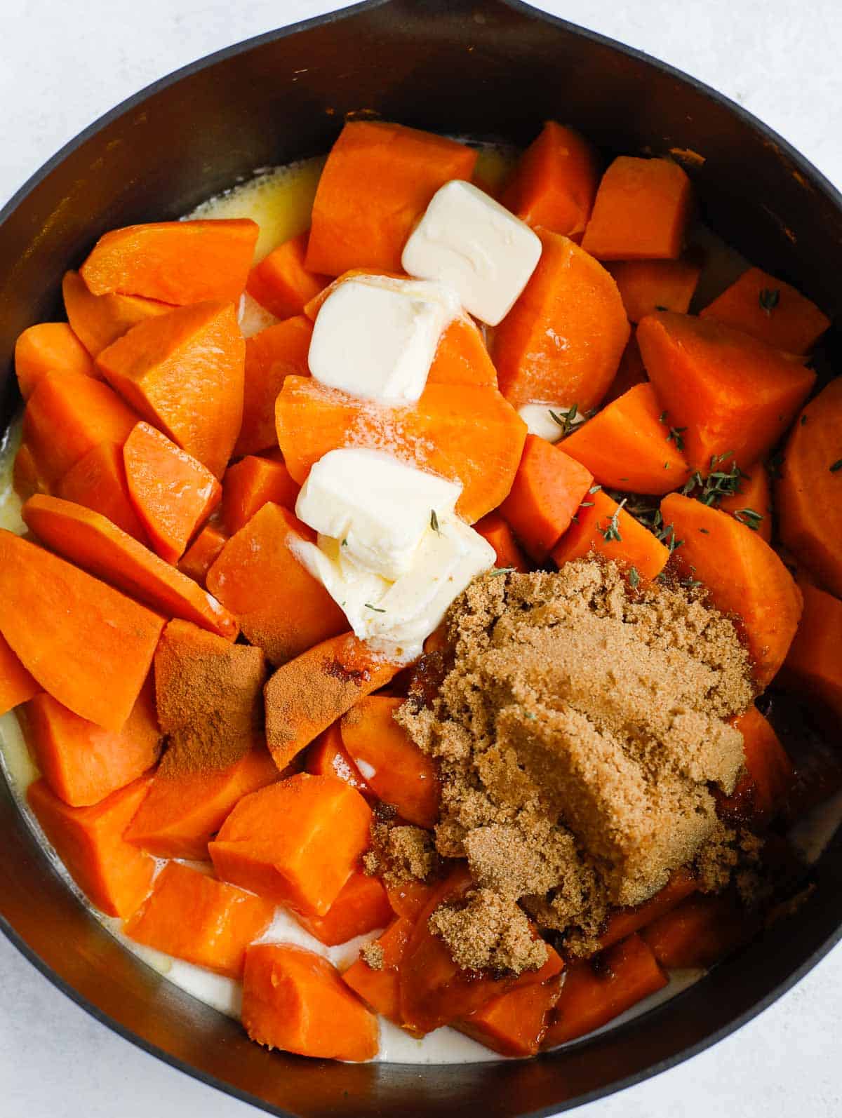 sweet mashed potatoes sweet potato ingredients in a pot