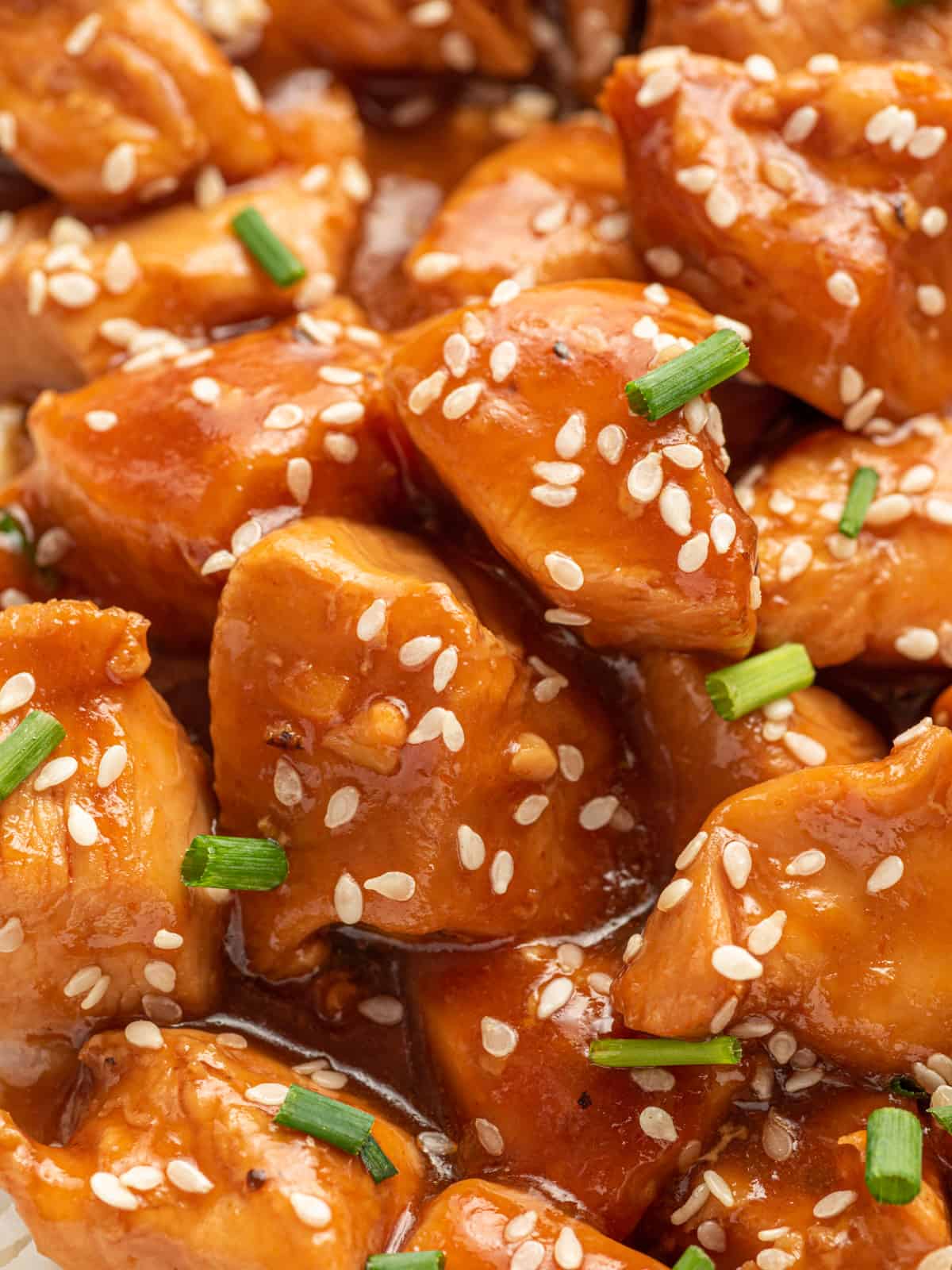 Closeup if chinese chicken with sesame sauce.