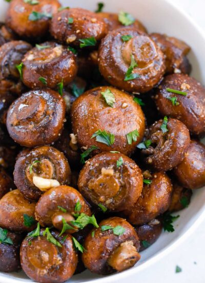 roasted garlic mushroom in a white dish