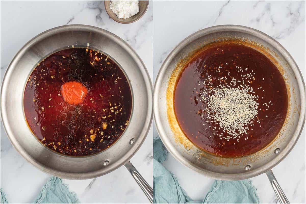 Preparing asian sesame sauce in a sauce pan.