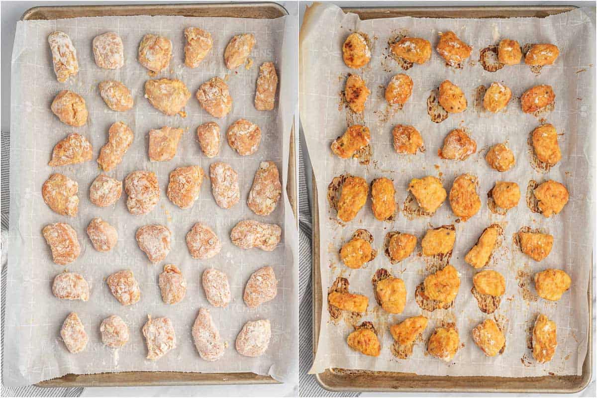 before and after of baked chicken on a tray.