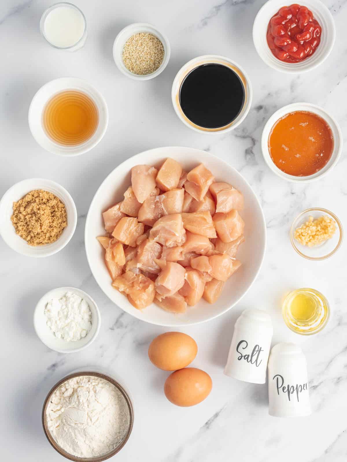 Ingredients needed for baked honey sesame chicken.