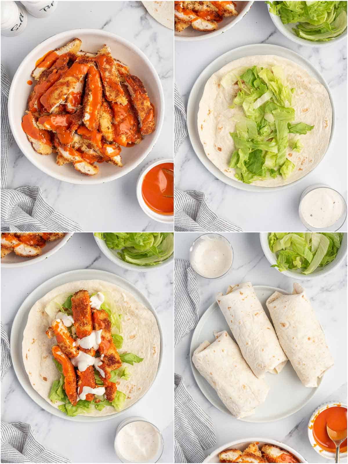Step by step photos or how to assemble a buffalo chicken tortilla wrap.