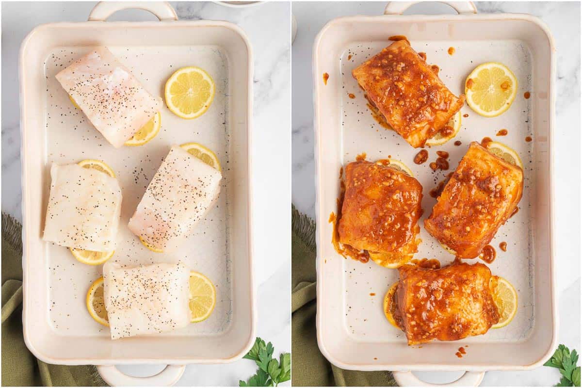 Preparing cod for baking in the oven with cajun garlic butter.