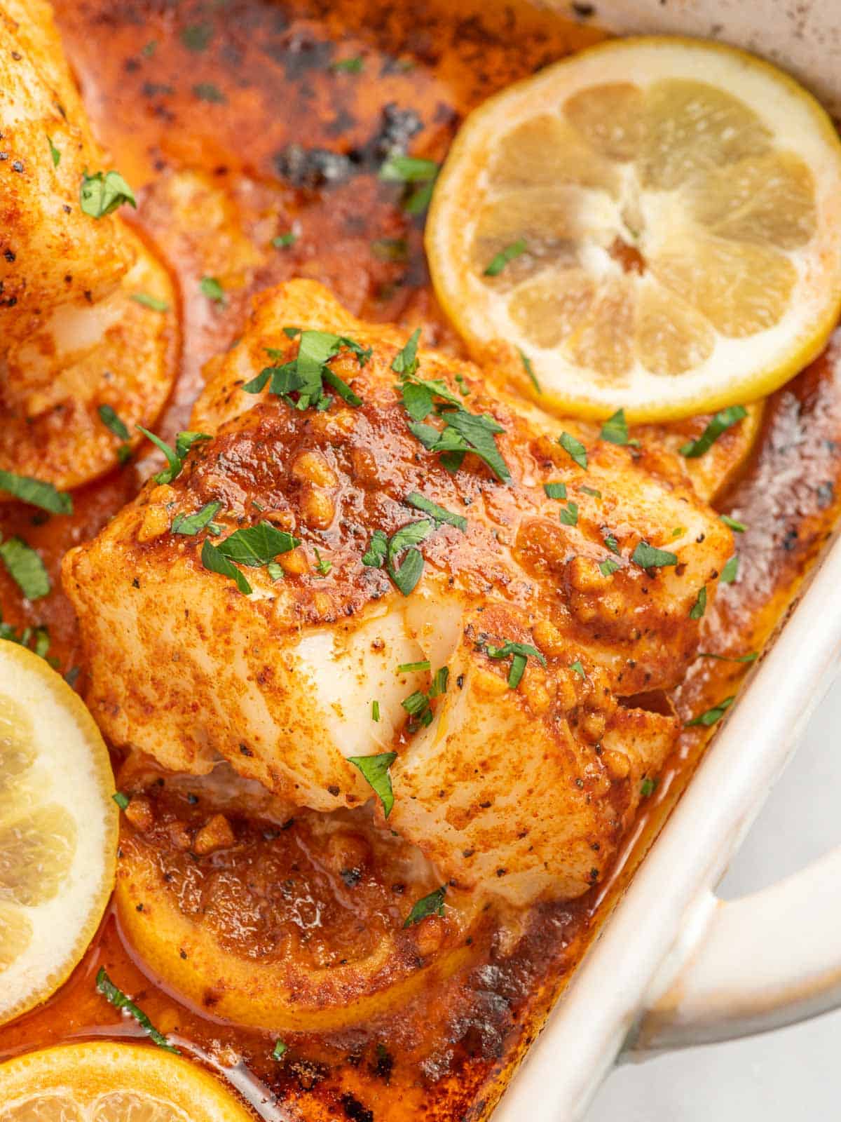 Closeup of cajun baked cod.