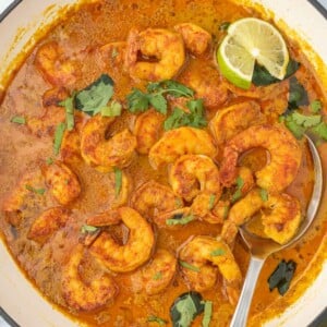 A pot of red curry shrimp with a spoon.