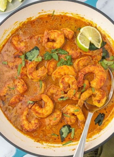A pot of red curry shrimp with a spoon.