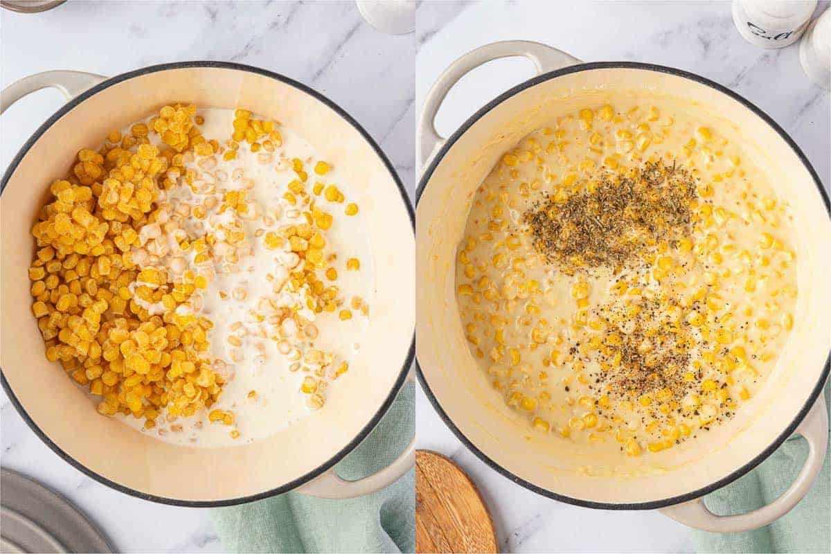 Sweet corn simmered with cream and milk, then seasoned with herbs and black pepper.