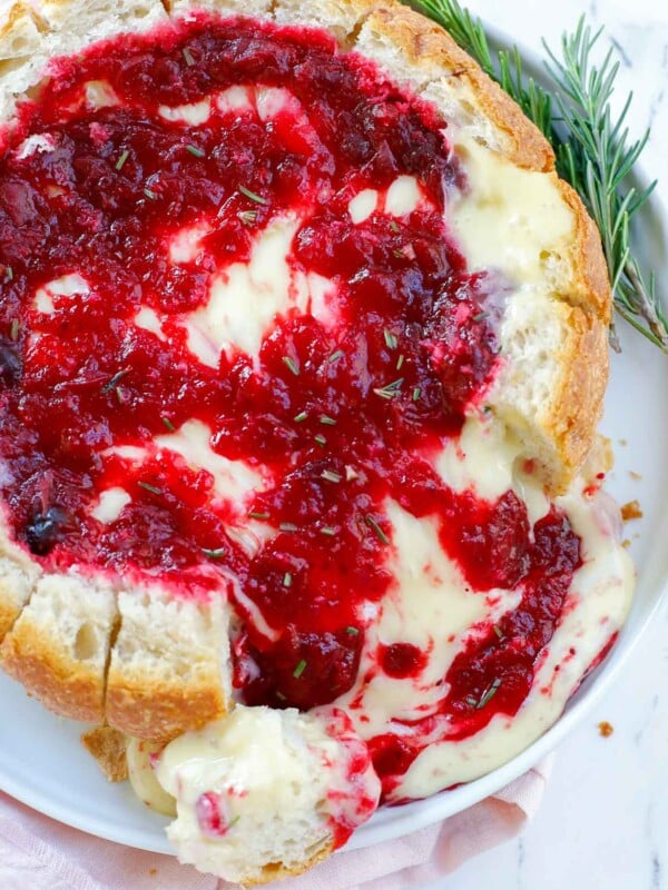 cranberry bread bowl with melted cheese