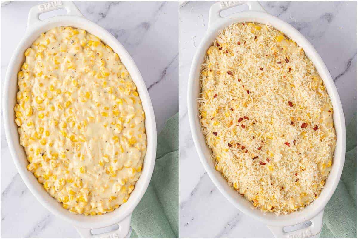 Creamy corn transferred to a baking dish and topped with Parmesan and red pepper flakes.