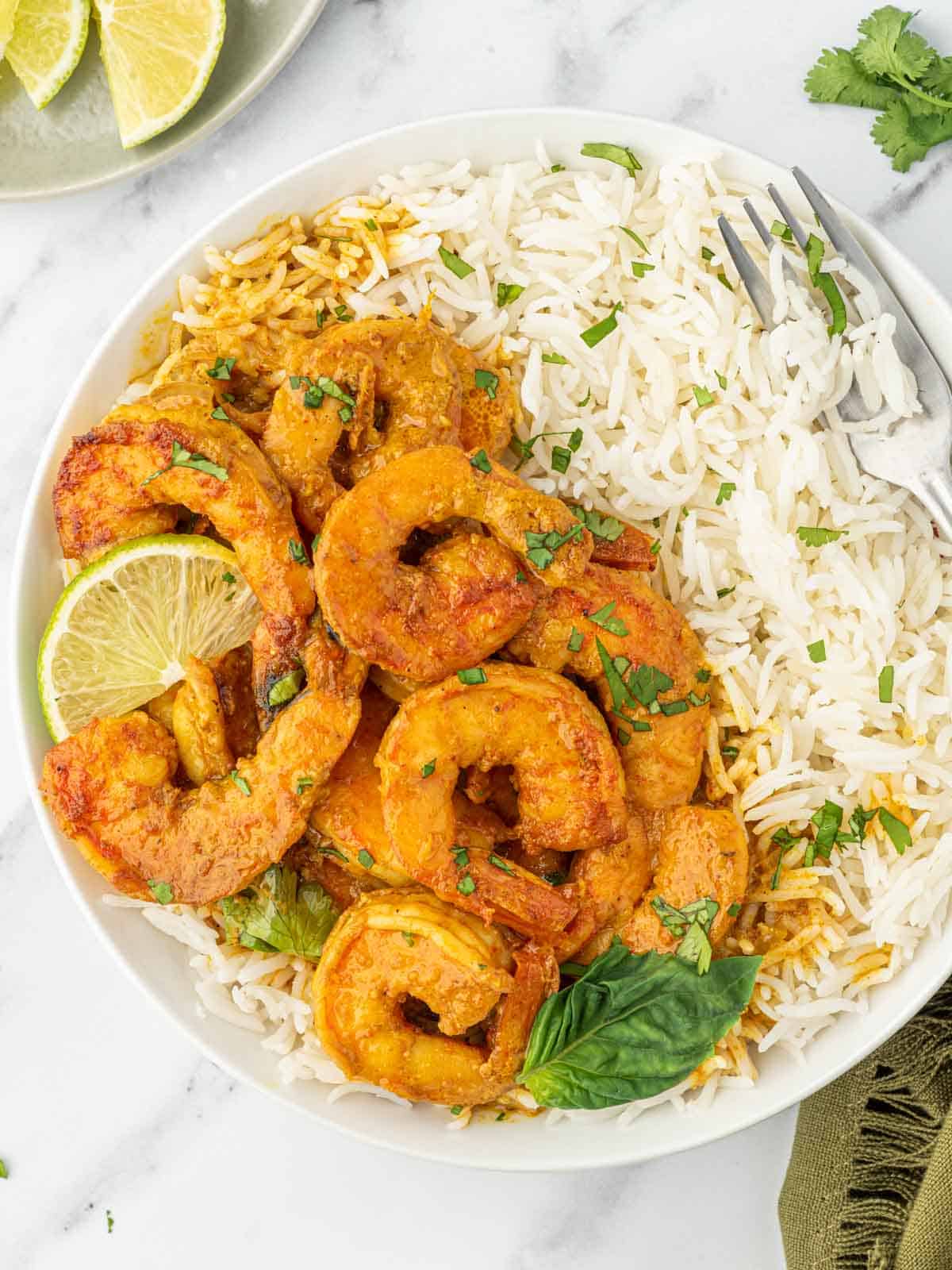 Shrimp on a plate with white rice.