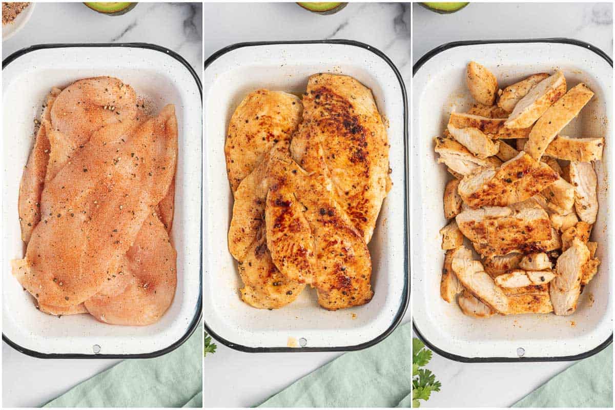 Step by step how to season and grill chicken for easy sandwiches.