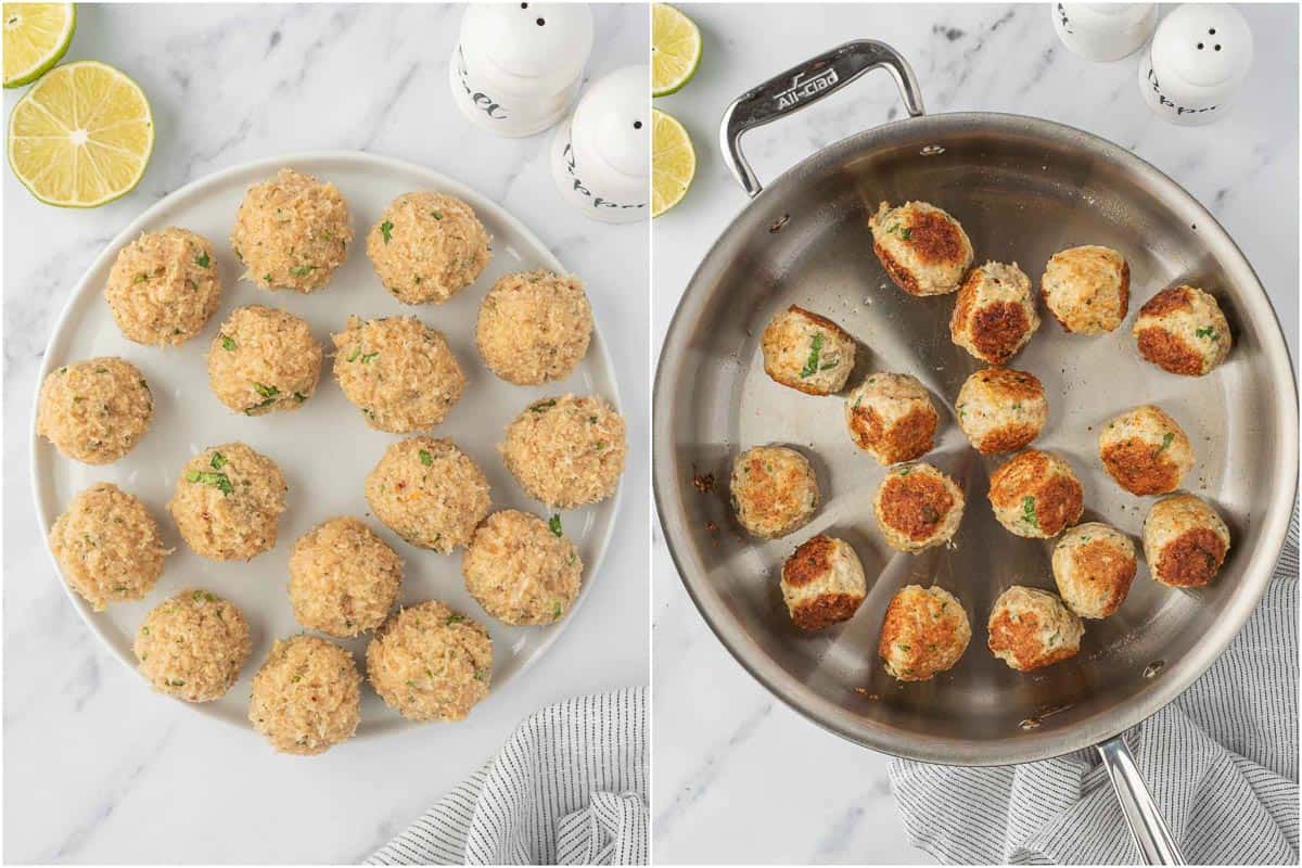 Steps to form meatballs and brown them in a skillet.