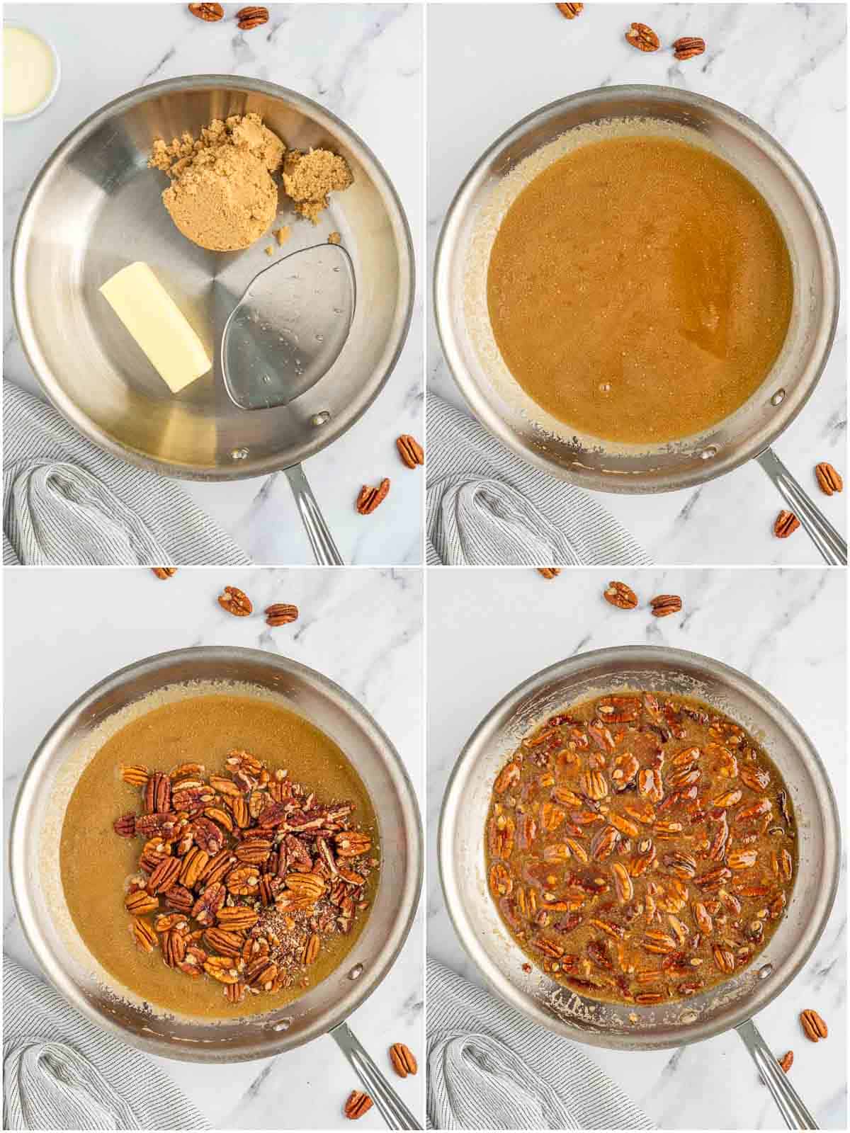 Process of how to make the pecan topping for cheesecake.