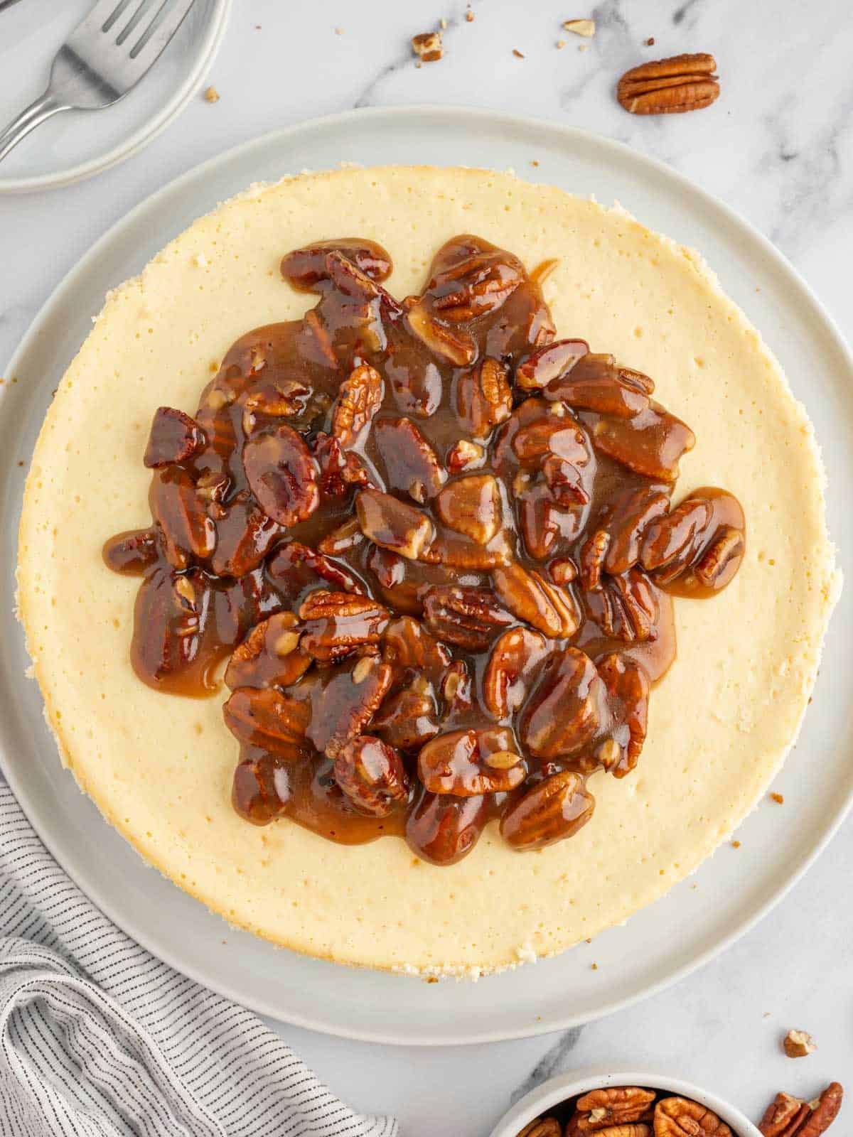 Top view of easy pecan pie cheesecake recipe.