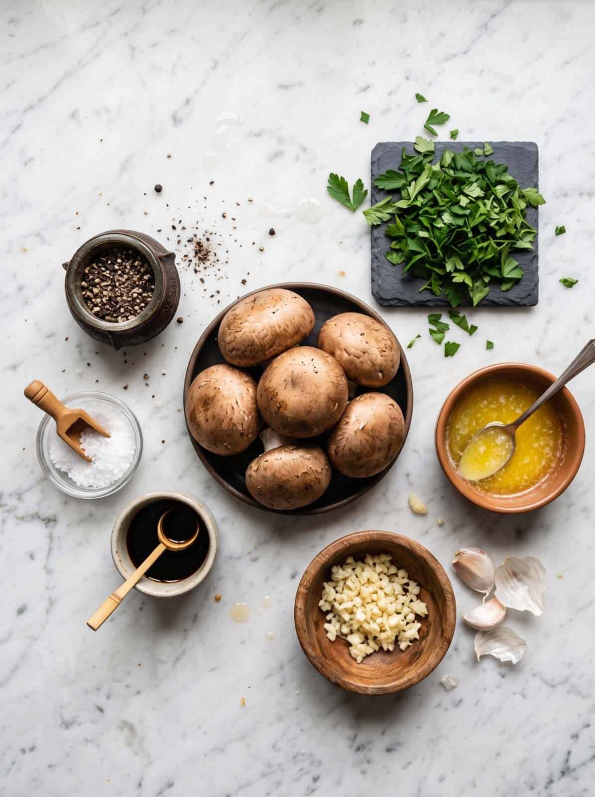 Ingredients for roasted garlic mushrooms laid out on a marble background.