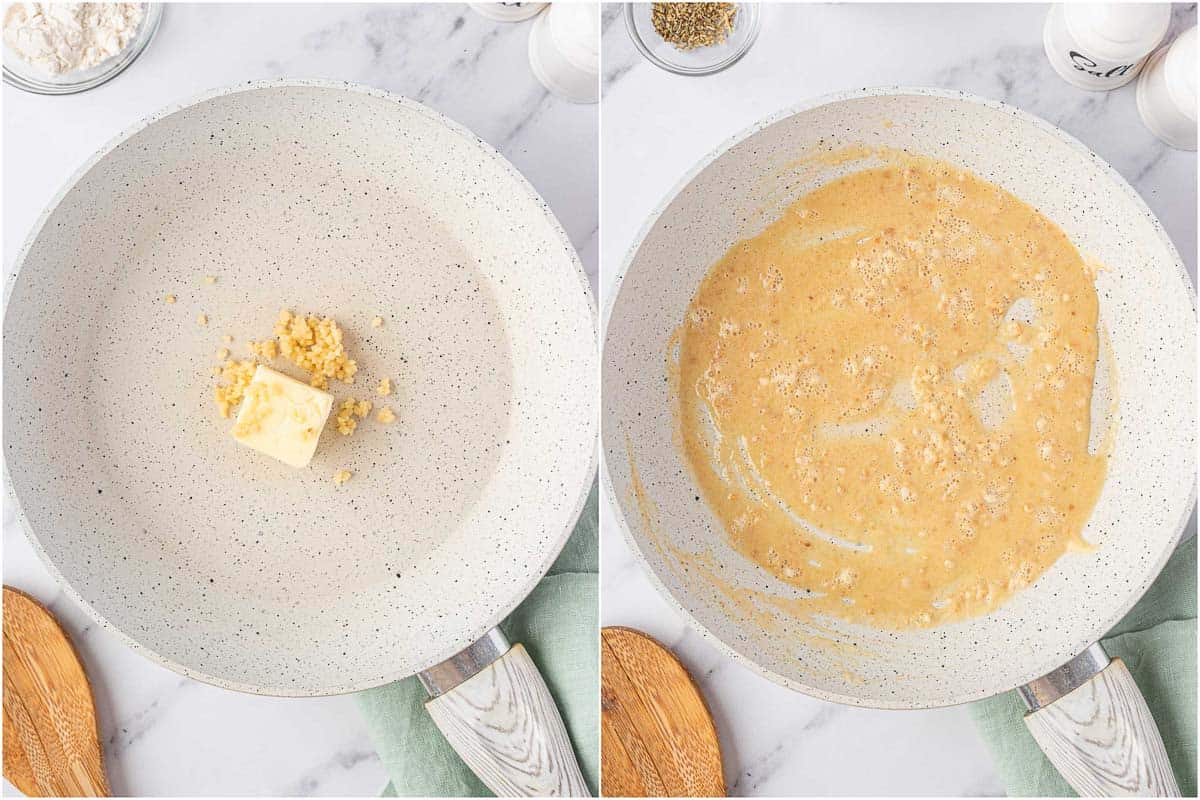 Butter and garlic cooked before flour is stirred through to form a roux.