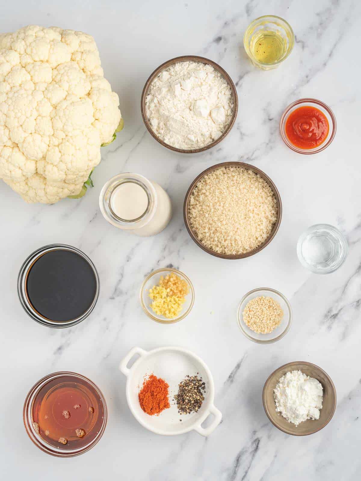 Ingredients needed for sticky sesame cauliflower bites.