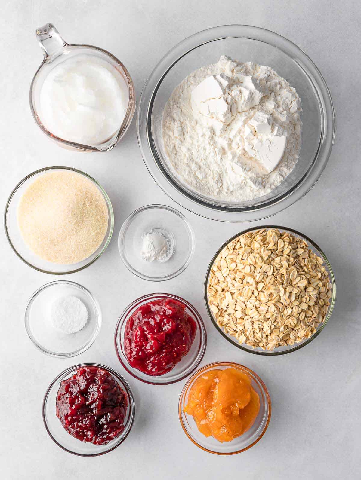 Ingredients needed for oatmeal jam cookies.