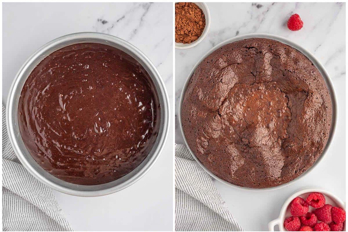 Before and after of baking a chocolate cake without flour.